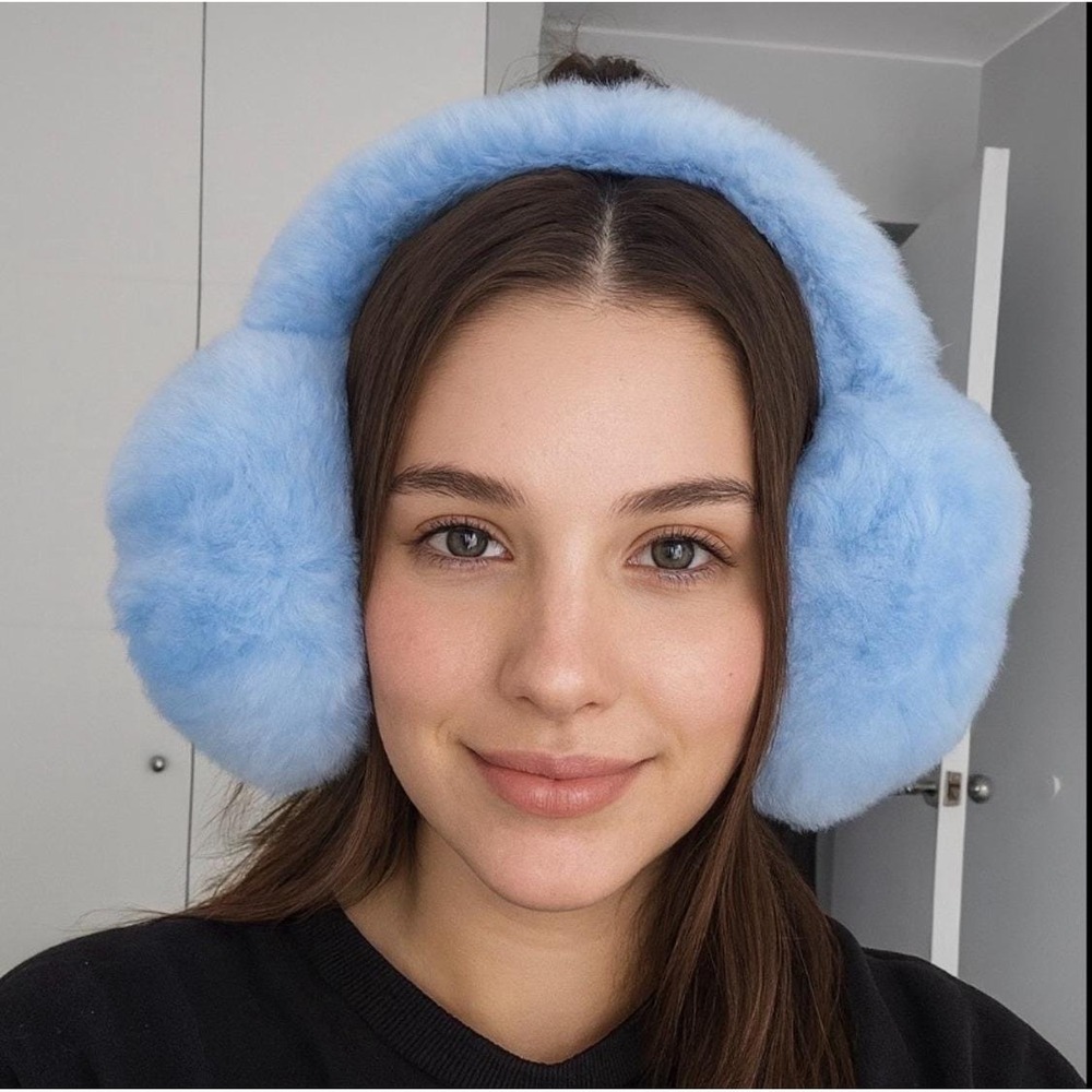 Peruvian Alpaca Fur Earmuffs Women Winter‎ Ear Warmers Soft Plush Blue Handmade